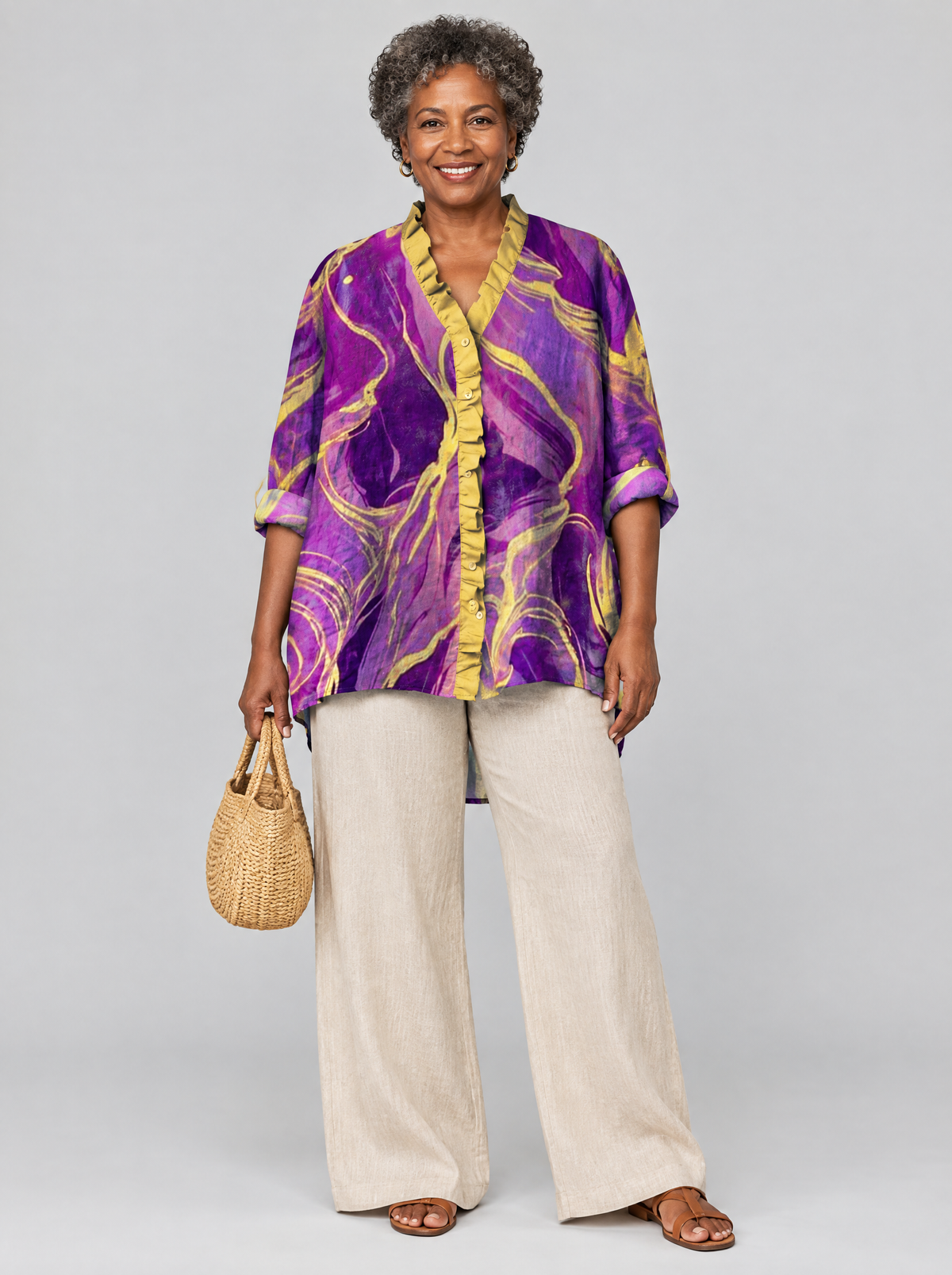Regina relaxed tunic in violet and gold marble print, front view