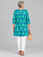 Damaris long blouse in royal blue and mint damask print, back view