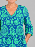 Damaris long blouse in royal blue and mint damask print, close up of print and neckline