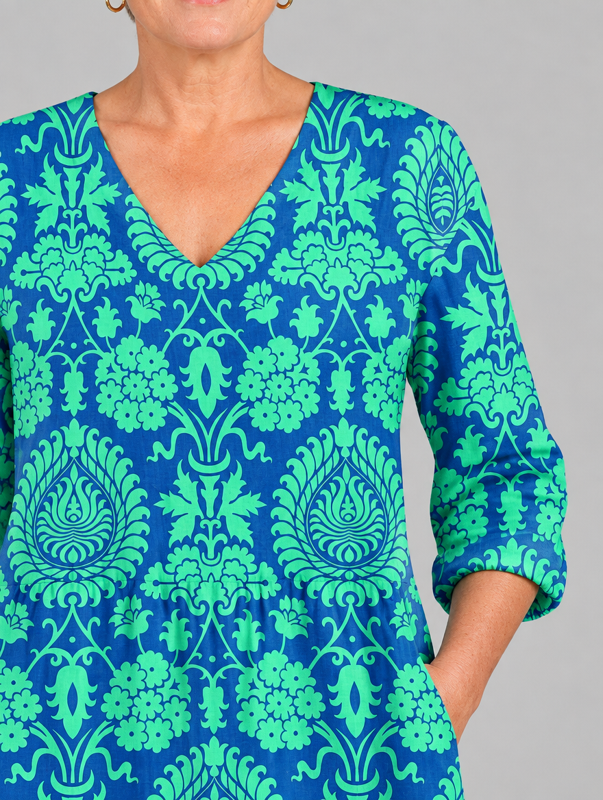 Damaris long blouse in royal blue and mint damask print, close up of print and neckline
