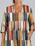 Bonita long blouse in multicolour block stripe print, close up of print and neckline