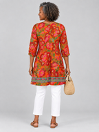 Marcy long blouse in tangerine and red floral print, back view