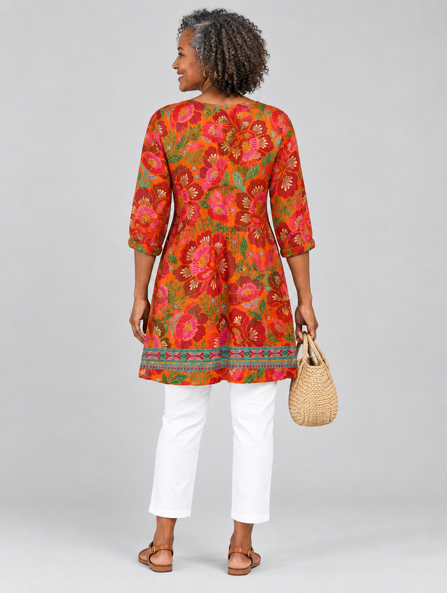 Marcy long blouse in tangerine and red floral print, back view
