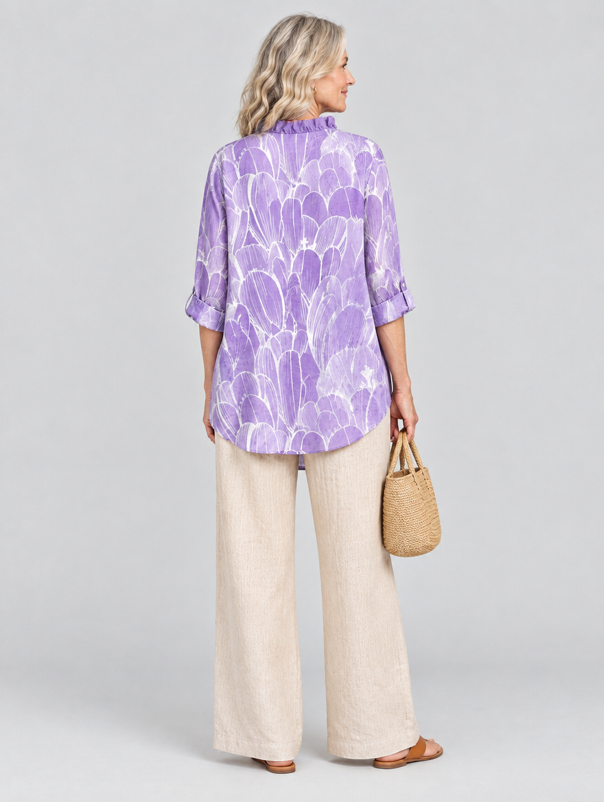 Velda relaxed tunic in lavender petal print, back view