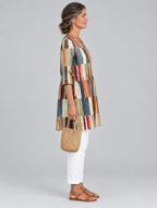 Bonita long blouse in multicolour block stripe print, side view showing the relaxed fit