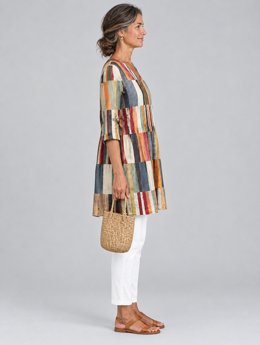 Bonita long blouse in multicolour block stripe print, side view showing the relaxed fit