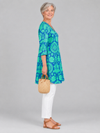 Damaris long blouse in royal blue and mint damask print, side view showing the relaxed fit