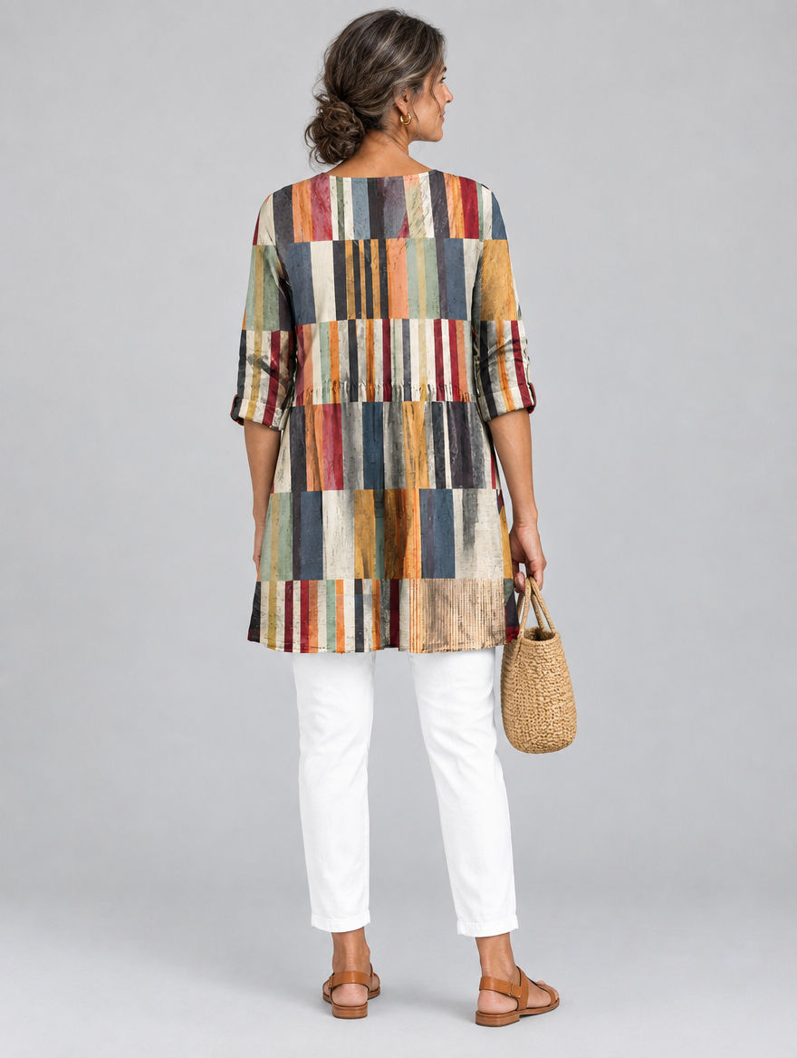 Bonita long blouse in multicolour block stripe print, back view