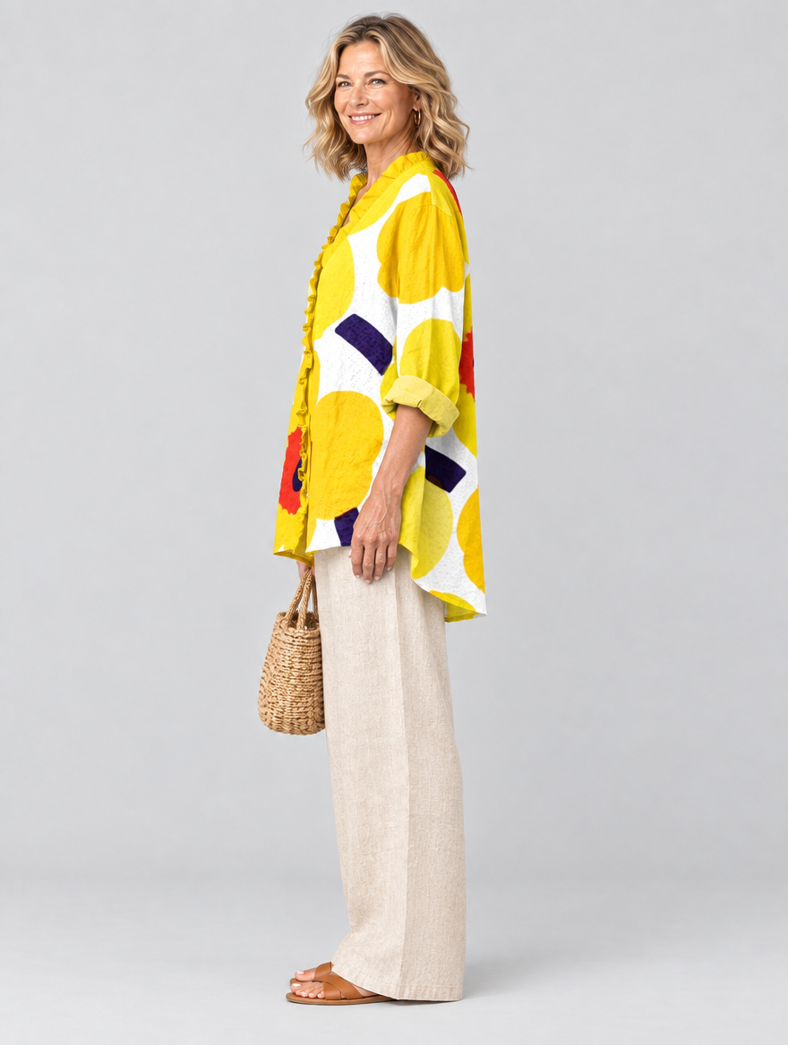 Daffodil relaxed tunic in sunflower yellow retro poppy print, side view showing the relaxed fit