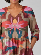 Eilidh long blouse in mocha orchid print, close up of print and neckline