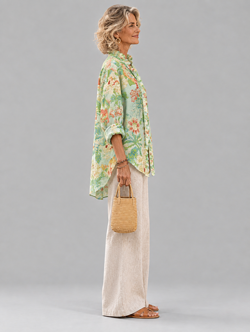 Mei relaxed tunic in mint chinoiserie peony print, side view showing the relaxed fit