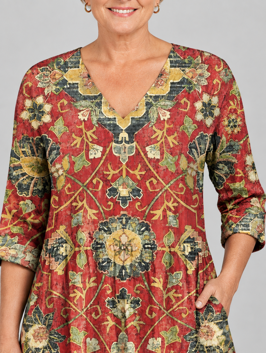 Amoura long blouse in brick red medallion tapestry print, close up of print and neckline