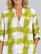 Amabel relaxed tunic in white and chartreuse brush check, close up of print and stand collar