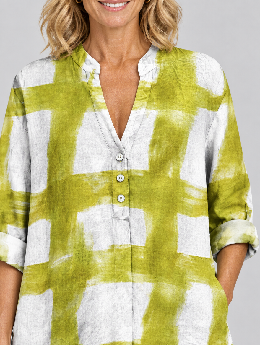 Amabel relaxed tunic in white and chartreuse brush check, close up of print and stand collar