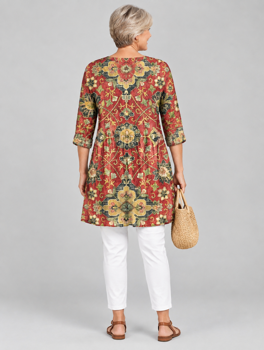 Cosima long blouse in brick red medallion tapestry print, back view