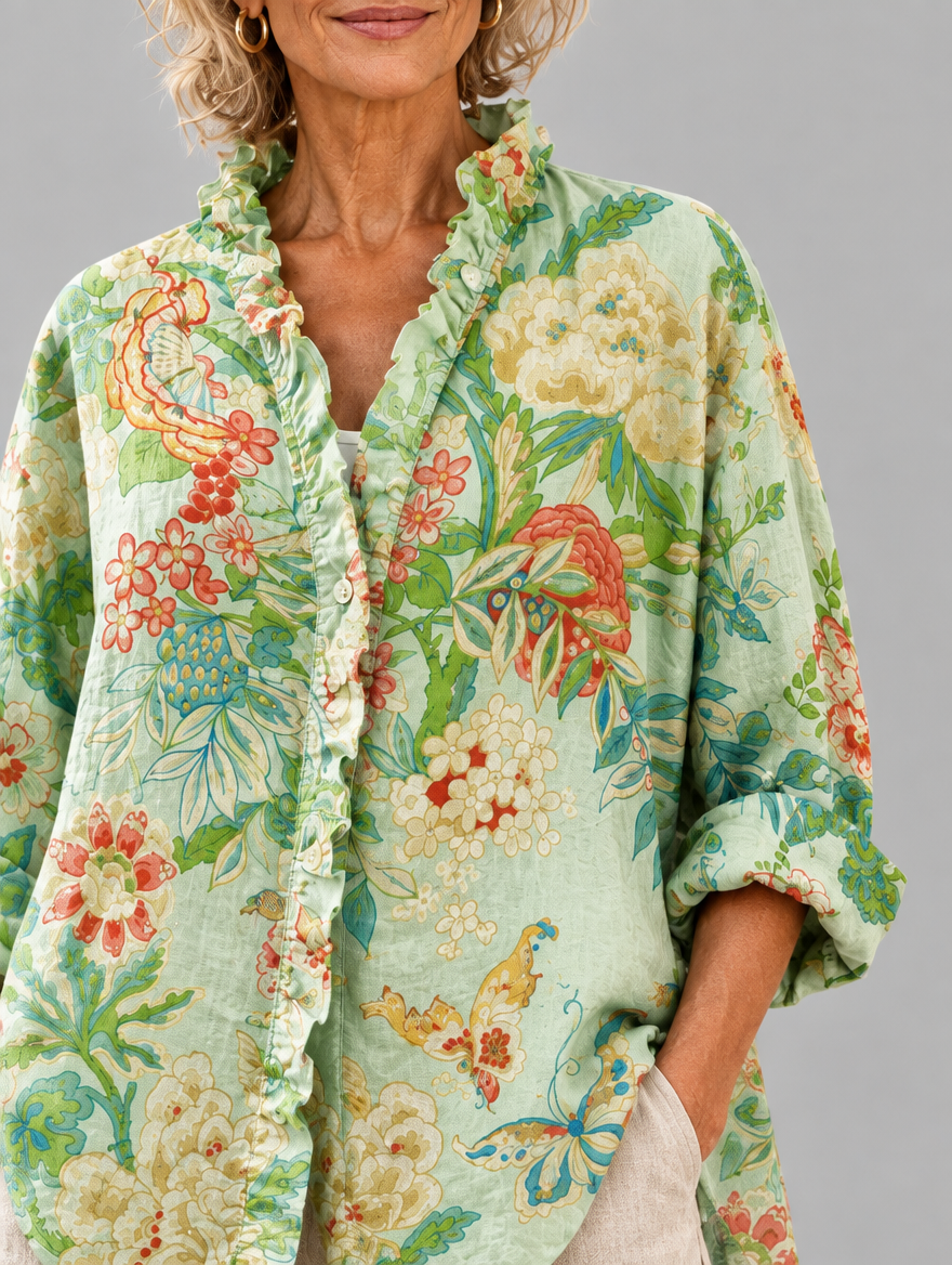 Mei relaxed tunic in mint chinoiserie peony print, close up of print and ruffle collar