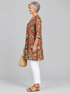 Cosima long blouse in brick red medallion tapestry print, side view showing the relaxed fit