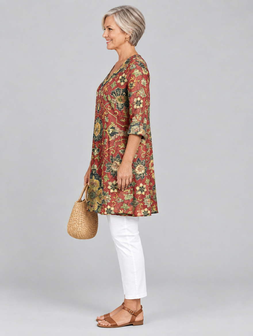 Cosima long blouse in brick red medallion tapestry print, side view showing the relaxed fit