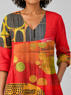 Zelie long blouse in tomato red art collage print, close up of print and neckline