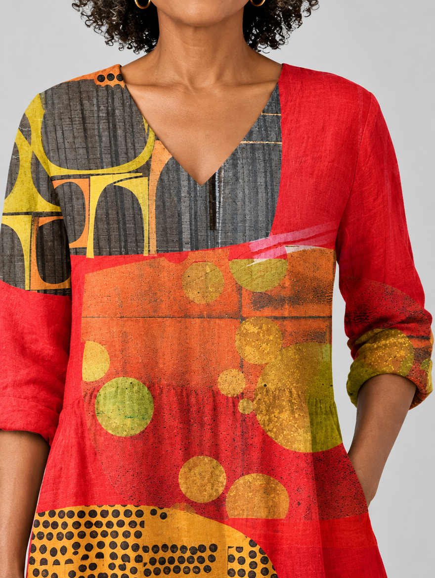 Zelie long blouse in tomato red art collage print, close up of print and neckline