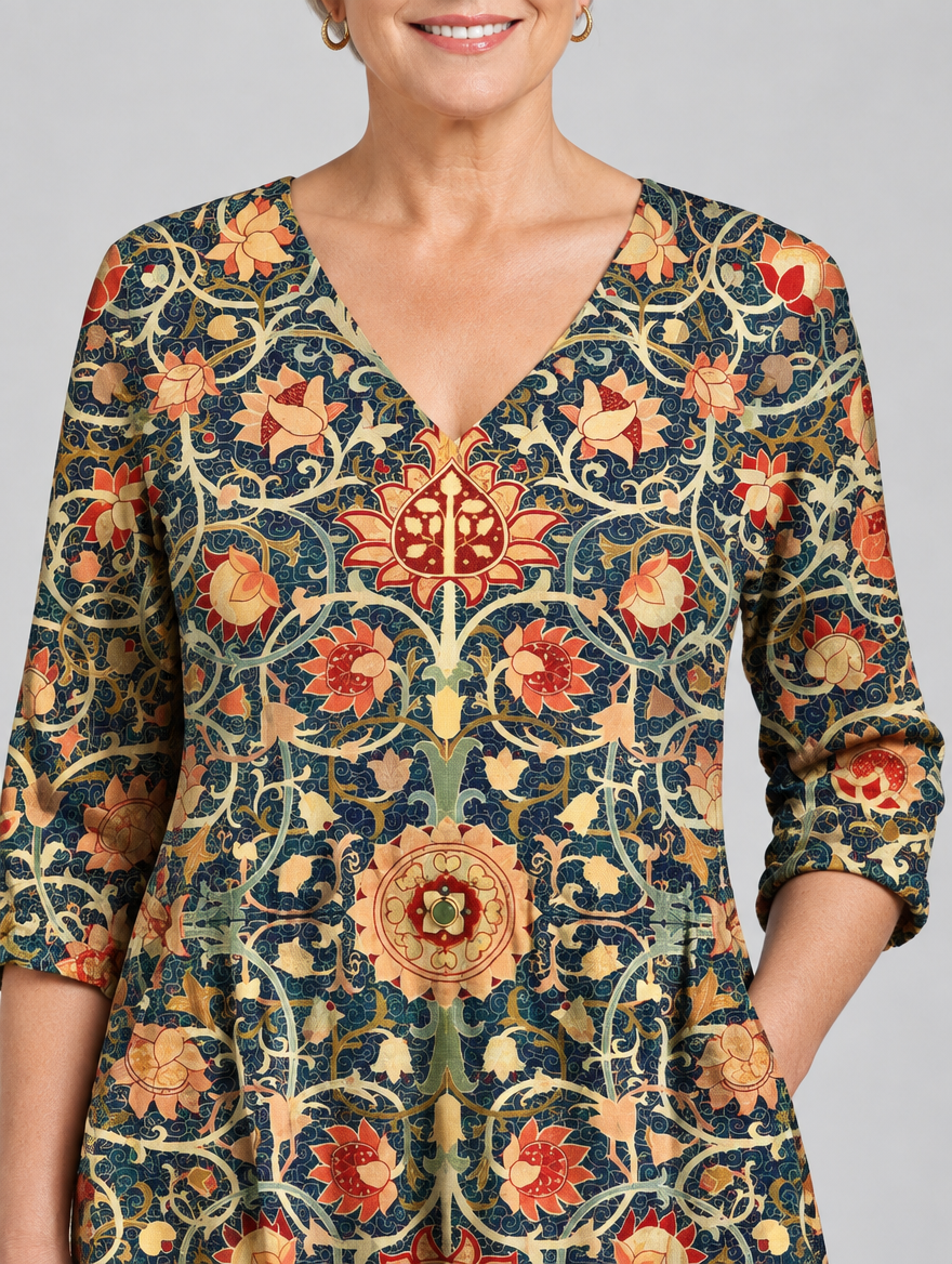 Lilian long blouse in navy heritage floral print, close up of print and neckline