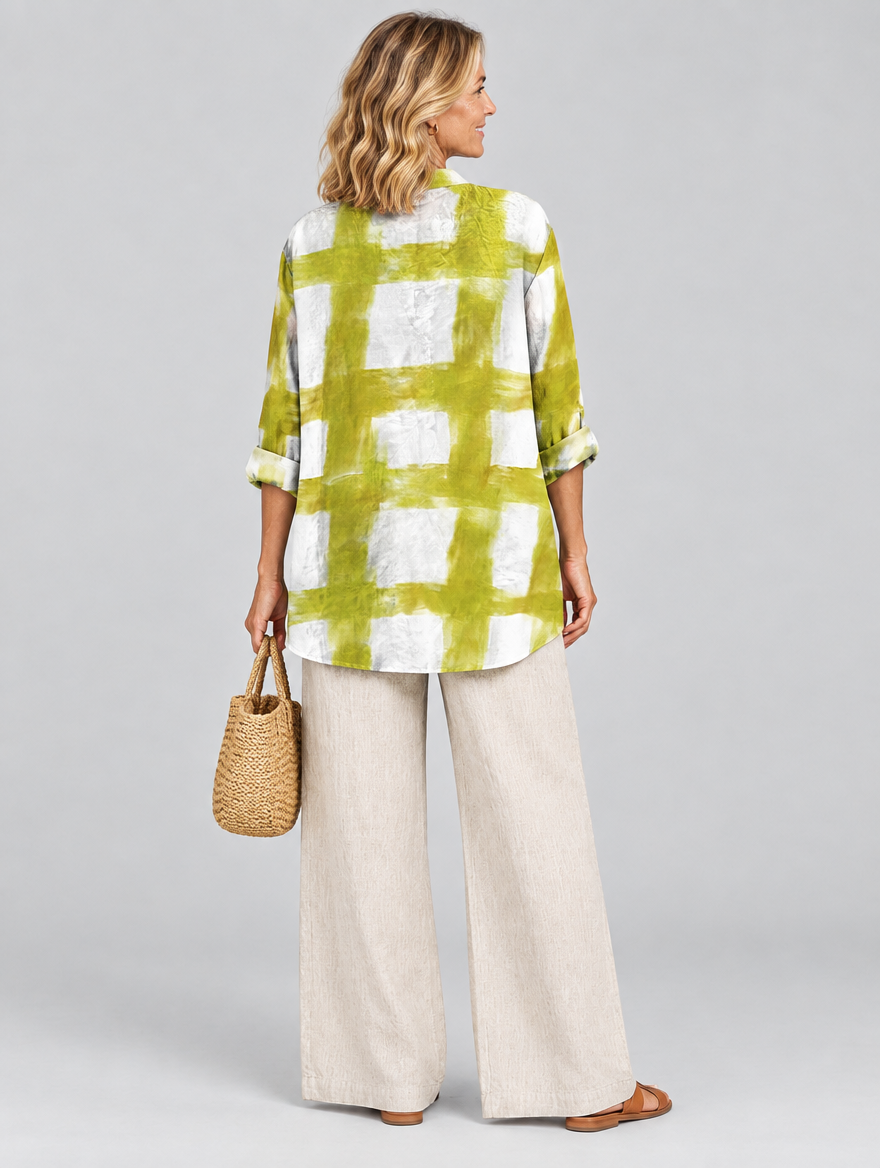 Amabel relaxed tunic in white and chartreuse brush check, back view