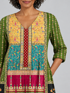 Patience long blouse in patchwork heritage print, close up of print and neckline