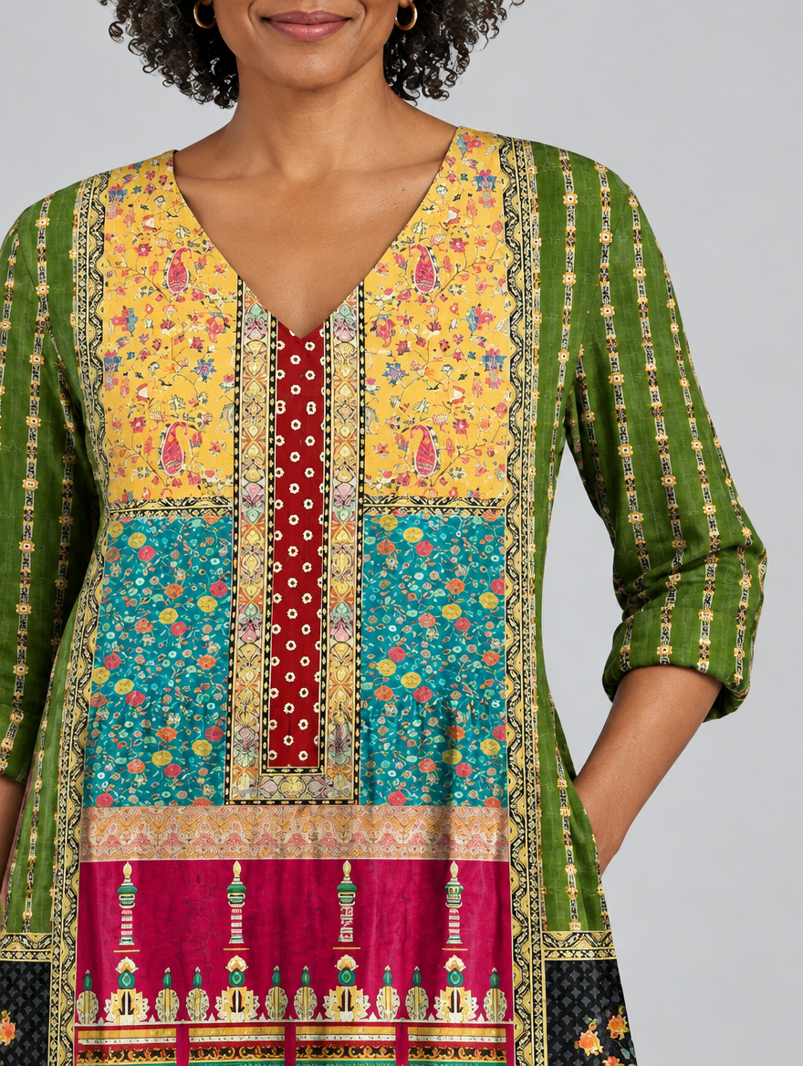 Patience long blouse in patchwork heritage print, close up of print and neckline