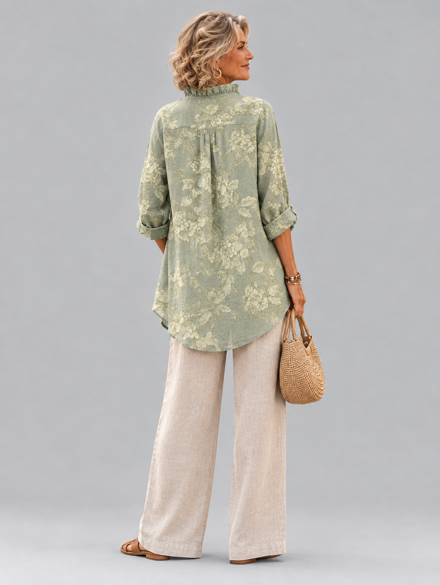 Sigrid relaxed tunic in sage green tonal peony print, back view