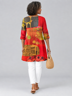 Zelie long blouse in tomato red art collage print, back view