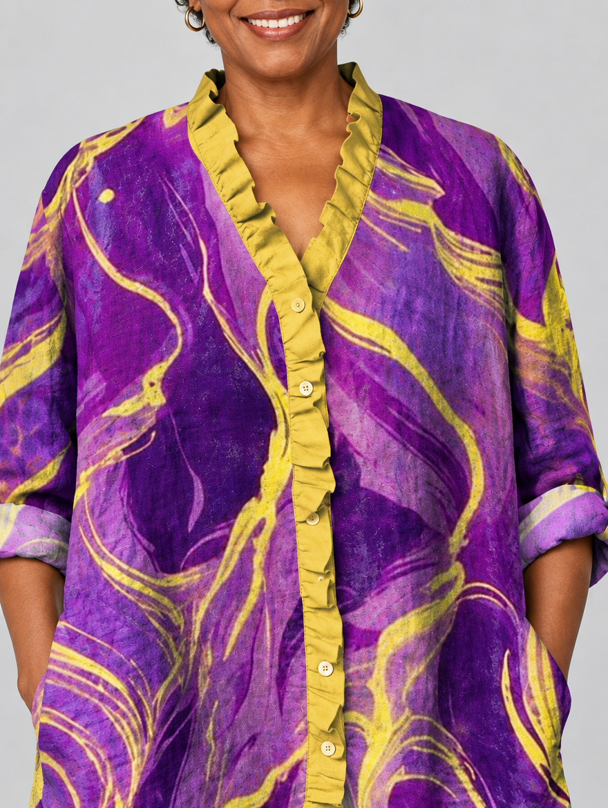 Regina relaxed tunic in violet and gold marble print, close up of print and ruffle neckline