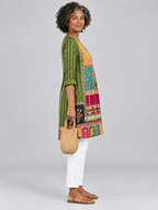 Patience long blouse in patchwork heritage print, side view showing the relaxed fit