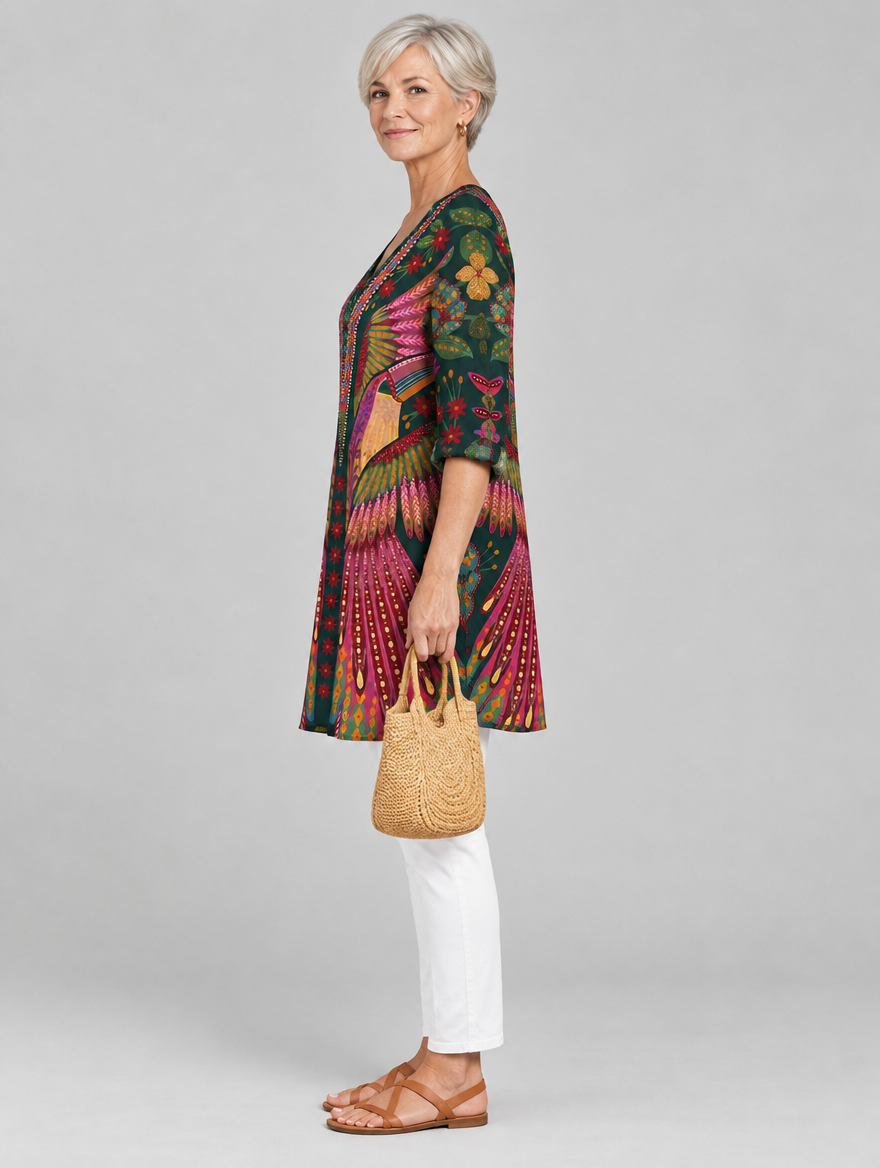 Alcina long blouse in forest green phoenix feather print, side view showing the relaxed fit