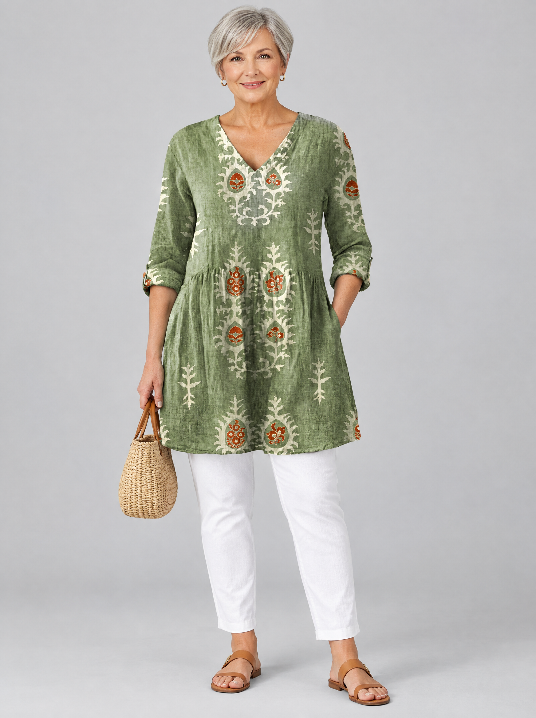 Everly long blouse in sage green botanical print, front view