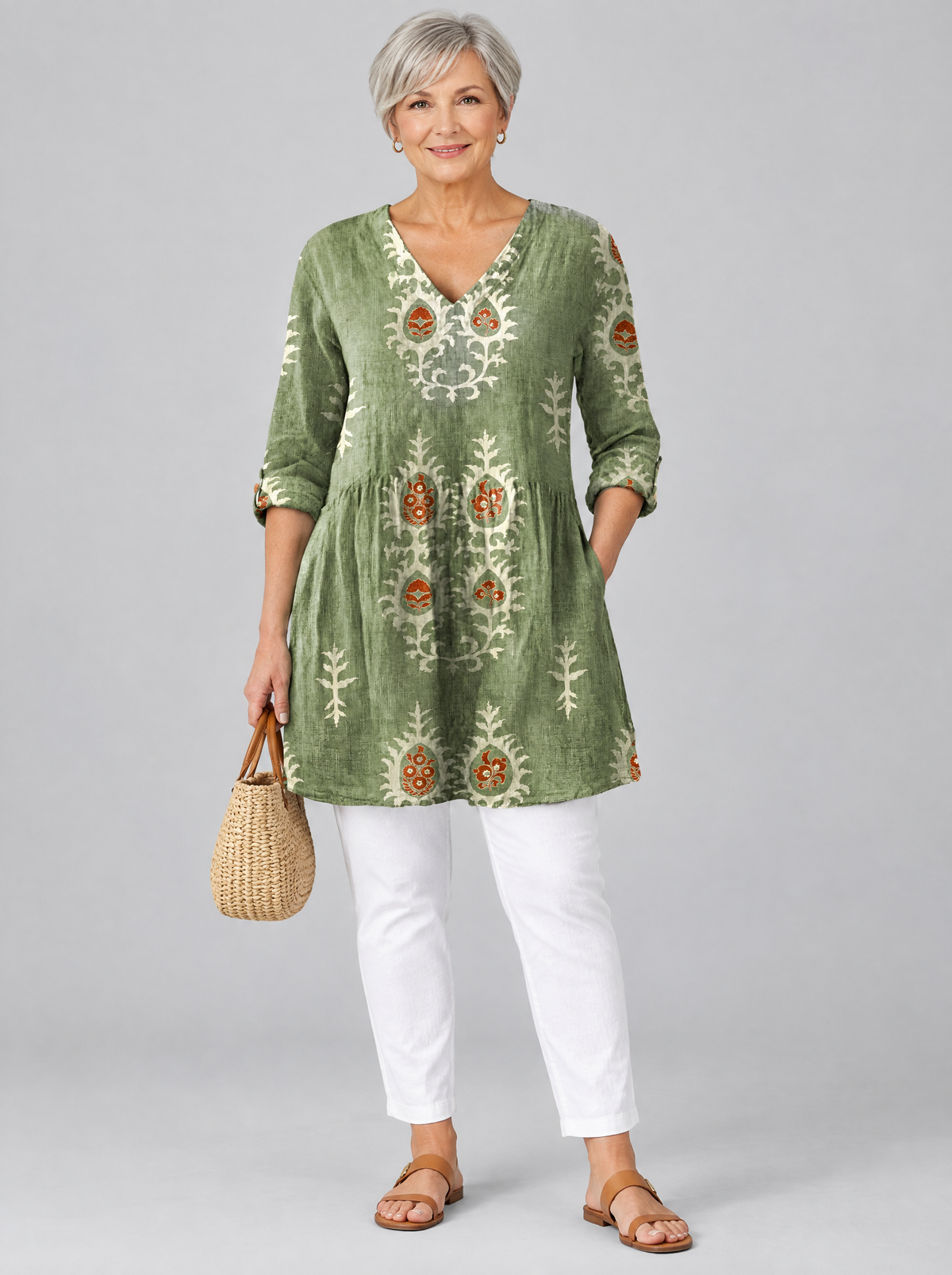 Sylvana long blouse in sage green botanical print, front view