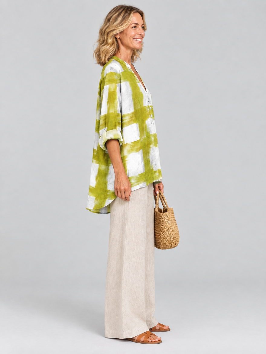 Amabel relaxed tunic in white and chartreuse brush check, side view showing the relaxed fit
