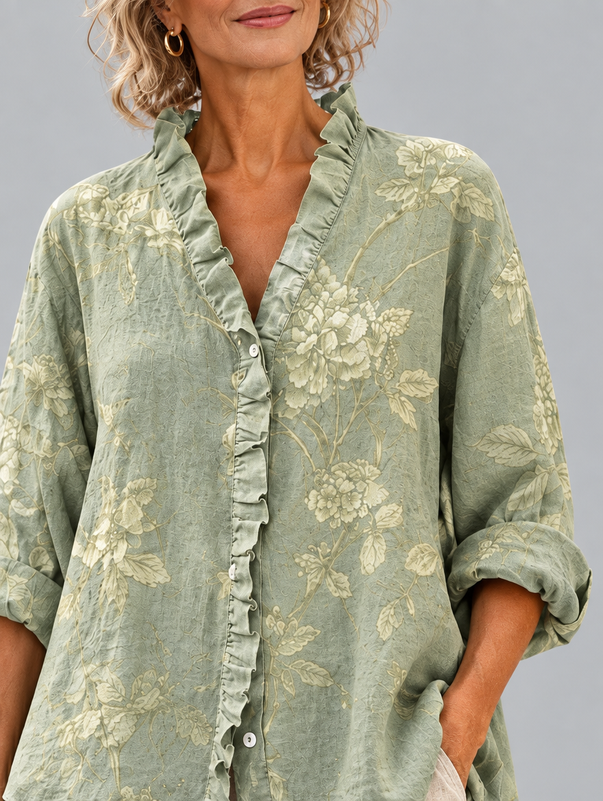 Sigrid relaxed tunic in sage green tonal peony print, close up of print and ruffle collar