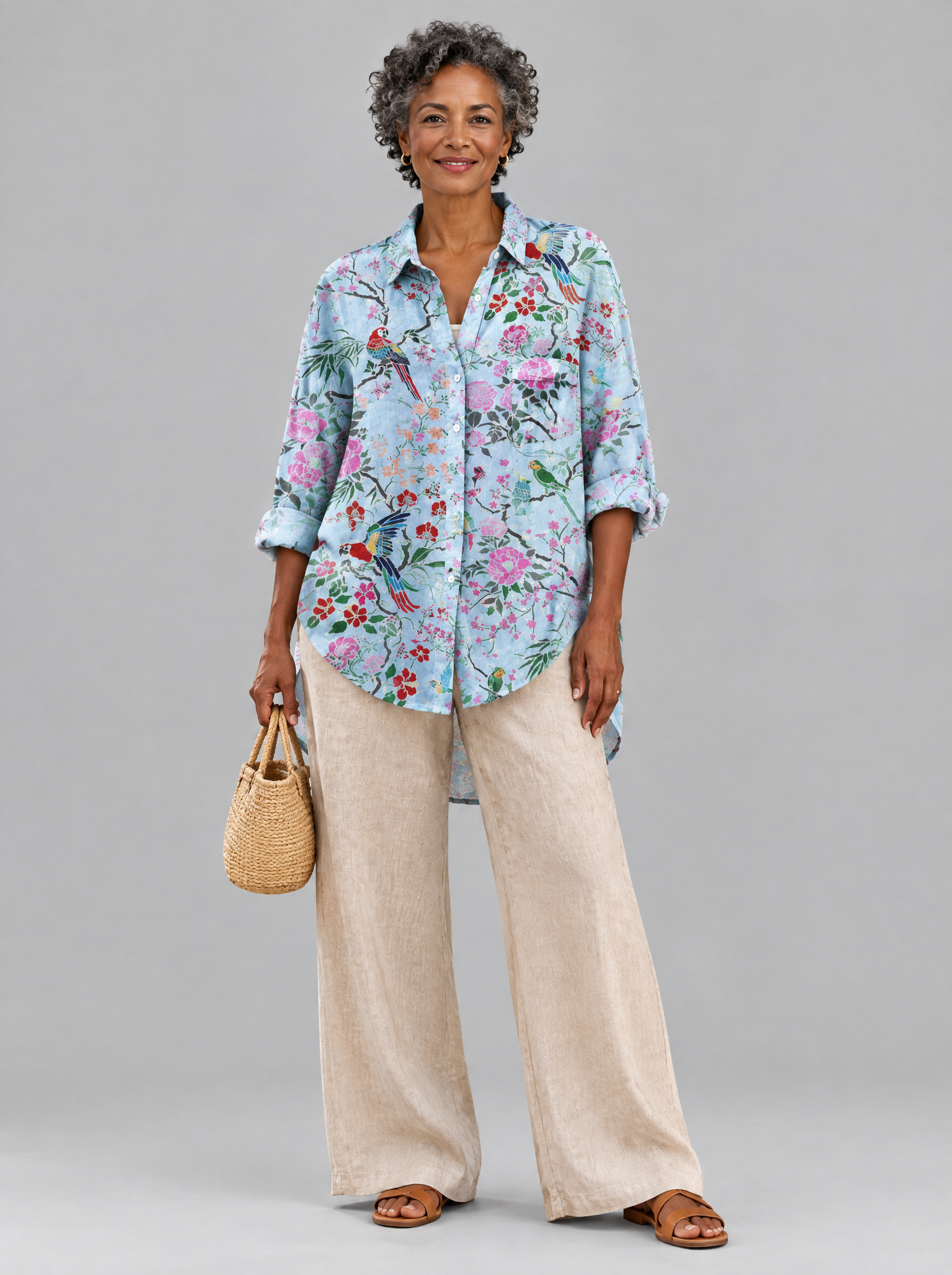 Everleigh relaxed tunic in Botanical Blue with blossom and macaw print, front view