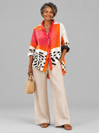 Melba relaxed tunic in watermelon pink and tangerine colour block with ruffle collar, front view