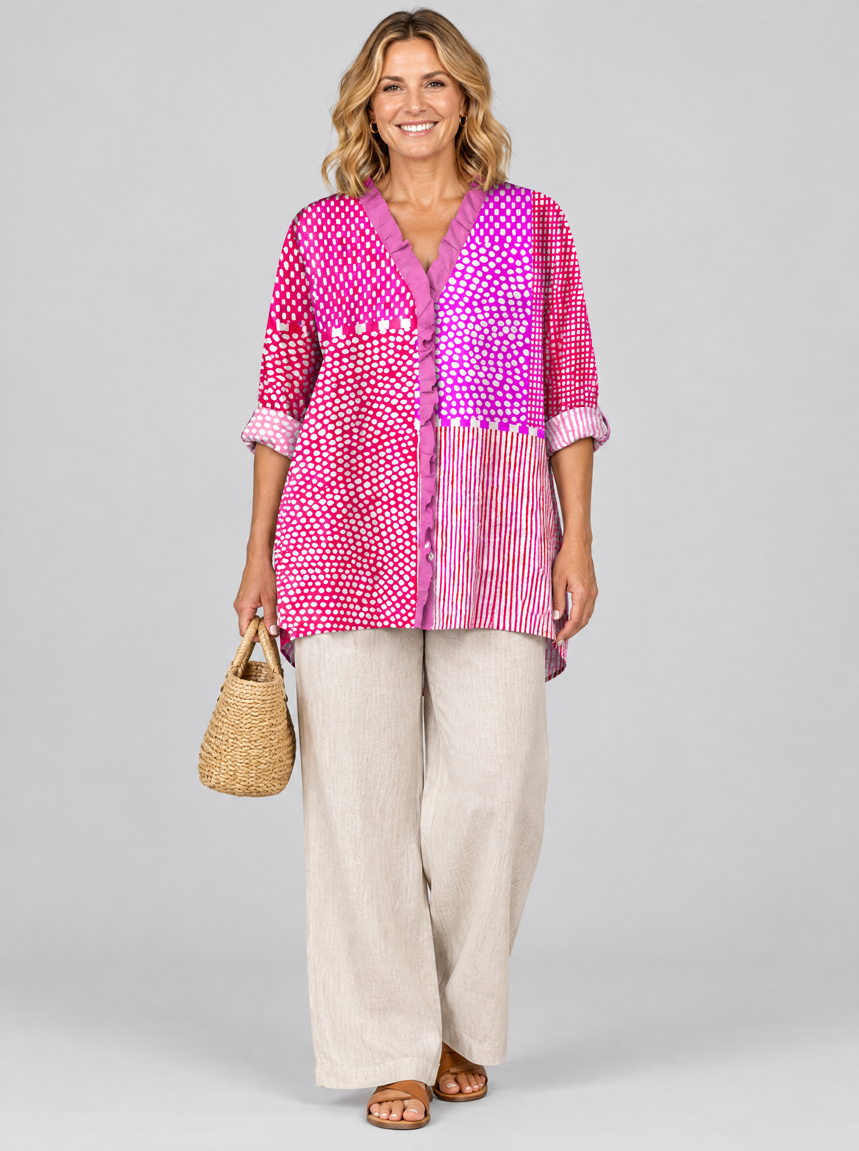 Fiona relaxed summer tunic in hot pink and magenta patchwork print, front view