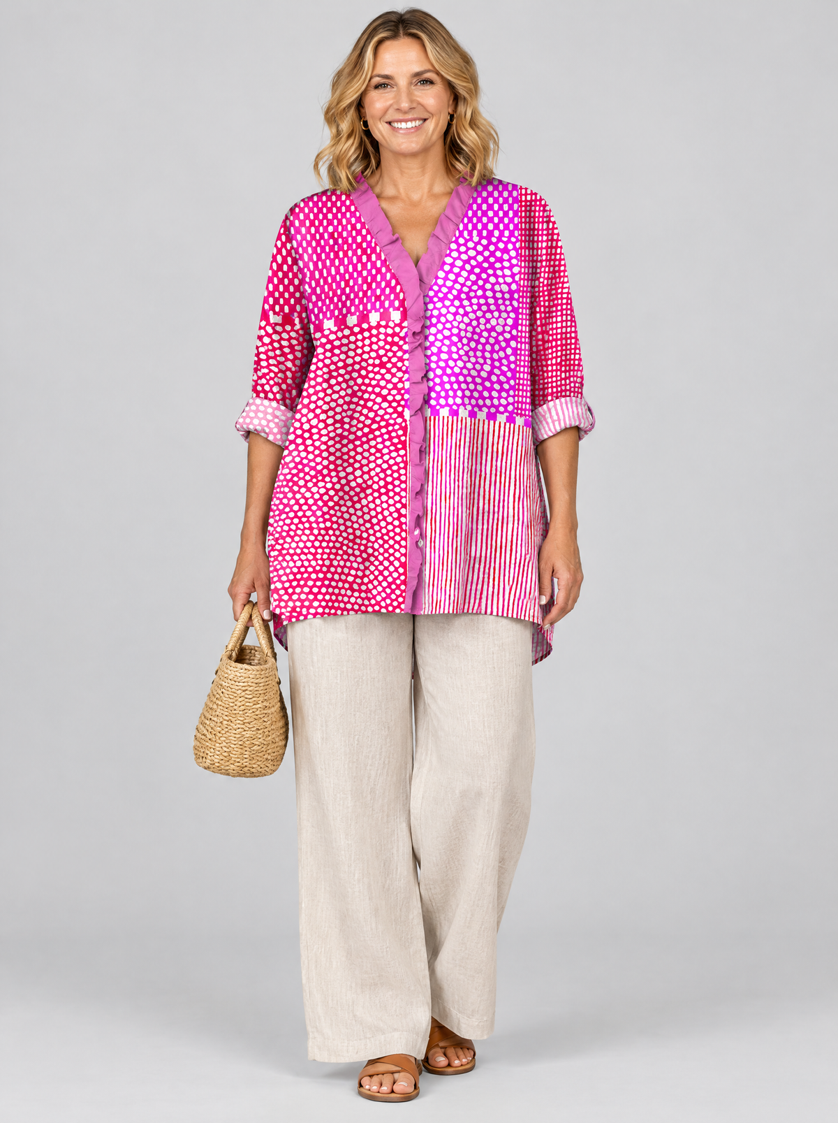 Bunty relaxed summer tunic in hot pink and magenta patchwork print, front view