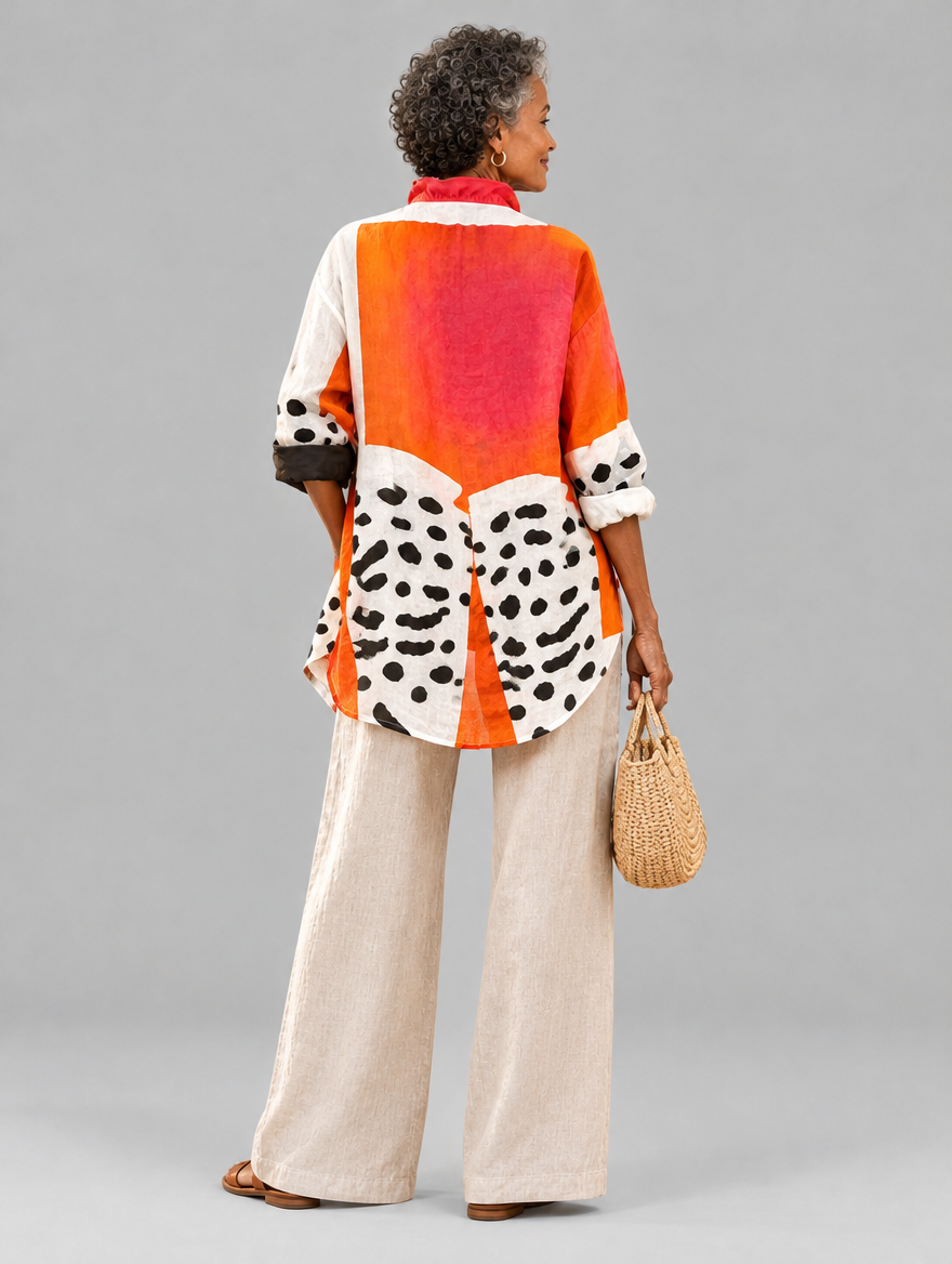 Melba relaxed tunic in watermelon pink and tangerine colour block, back view