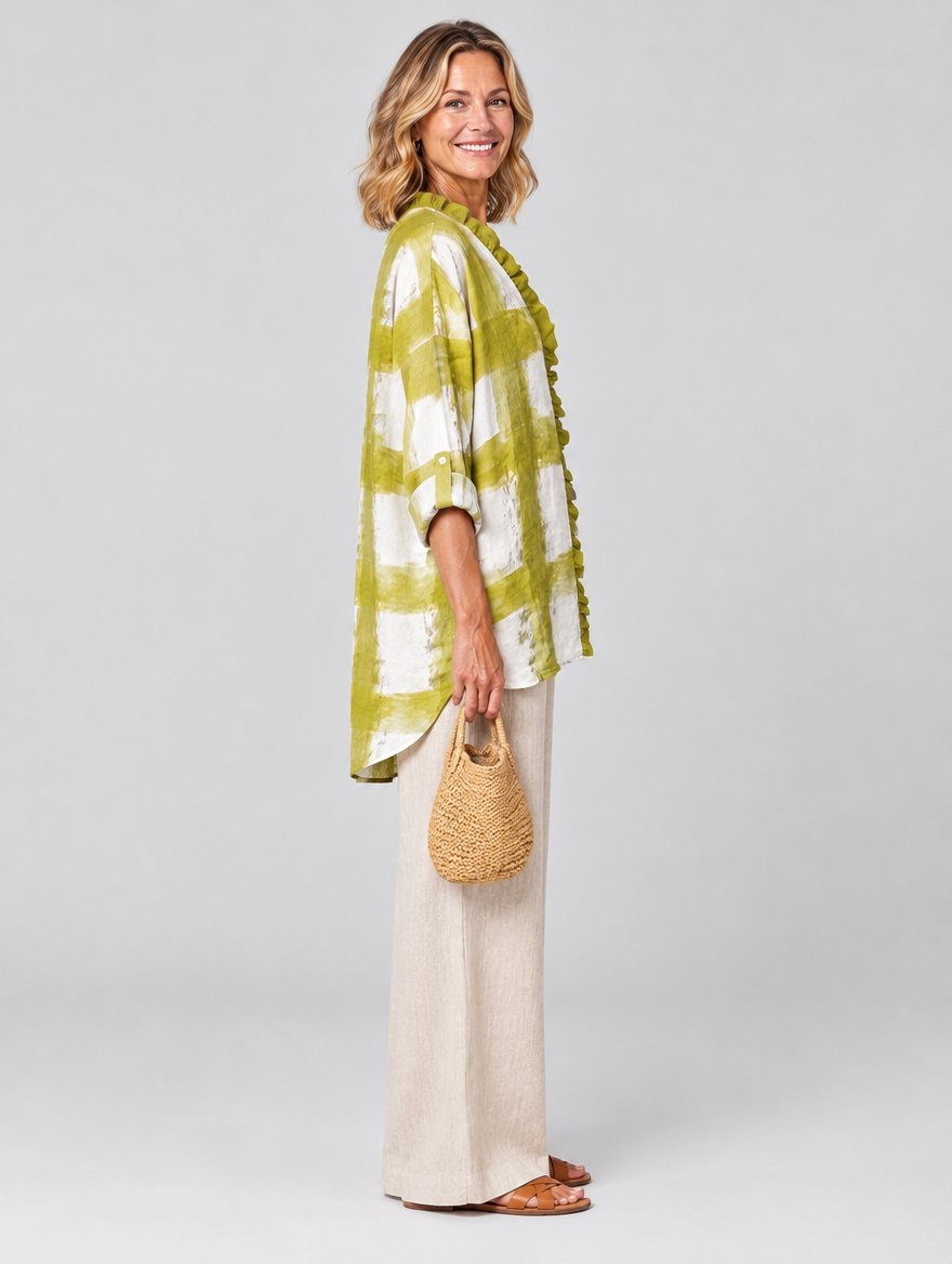 Greer relaxed summer tunic, side view showing the relaxed fit