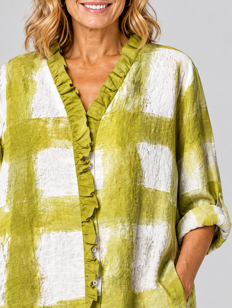 Sandra relaxed summer tunic, close up of print and ruffle neckline
