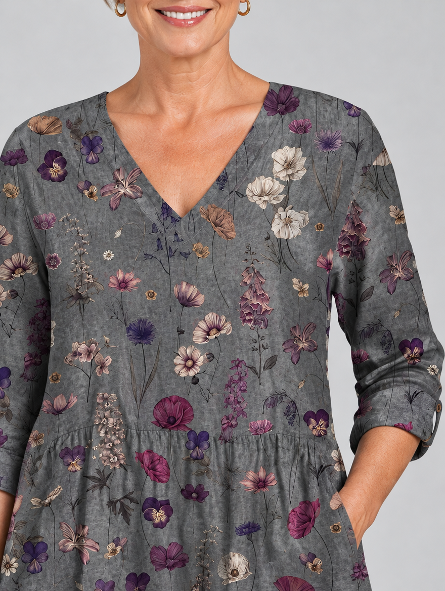 Pansy long blouse in charcoal wildflower print, close up of print and neckline