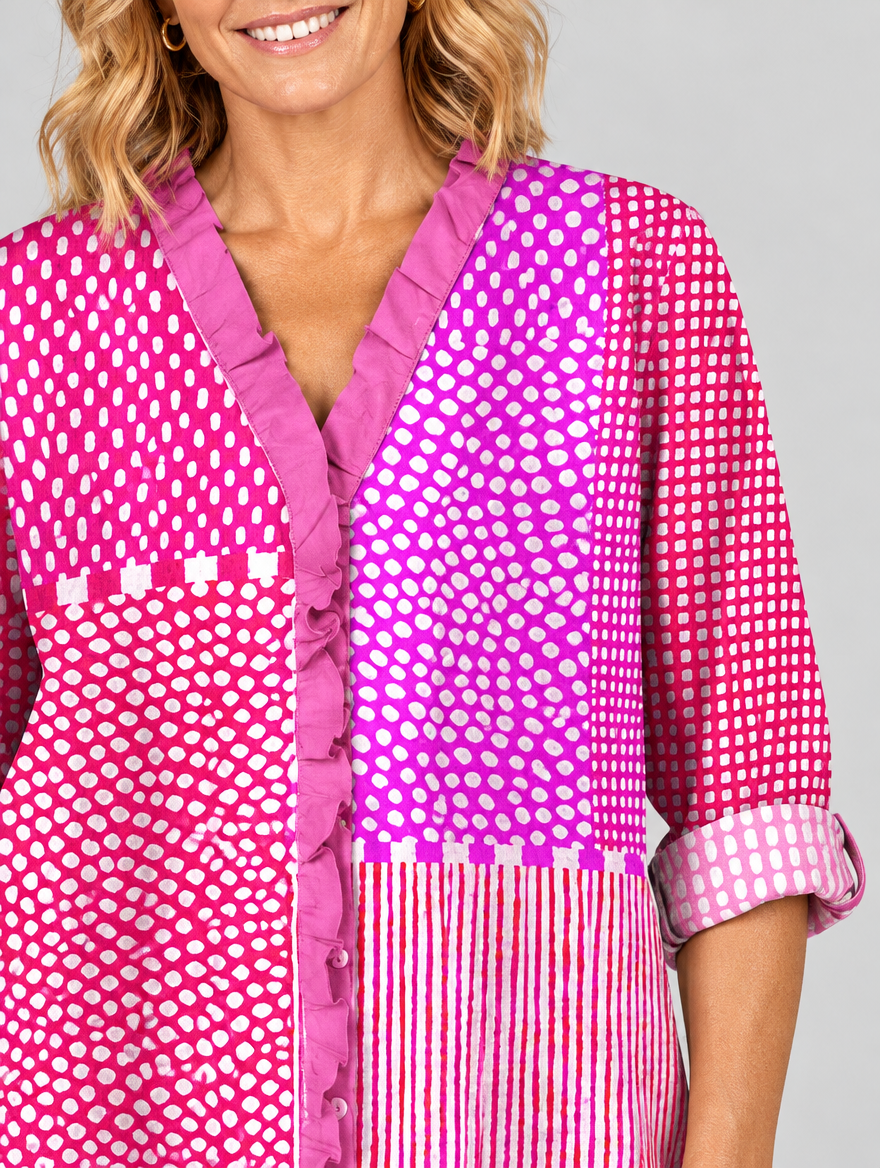 Bunty relaxed summer tunic, close up of print and ruffle neckline