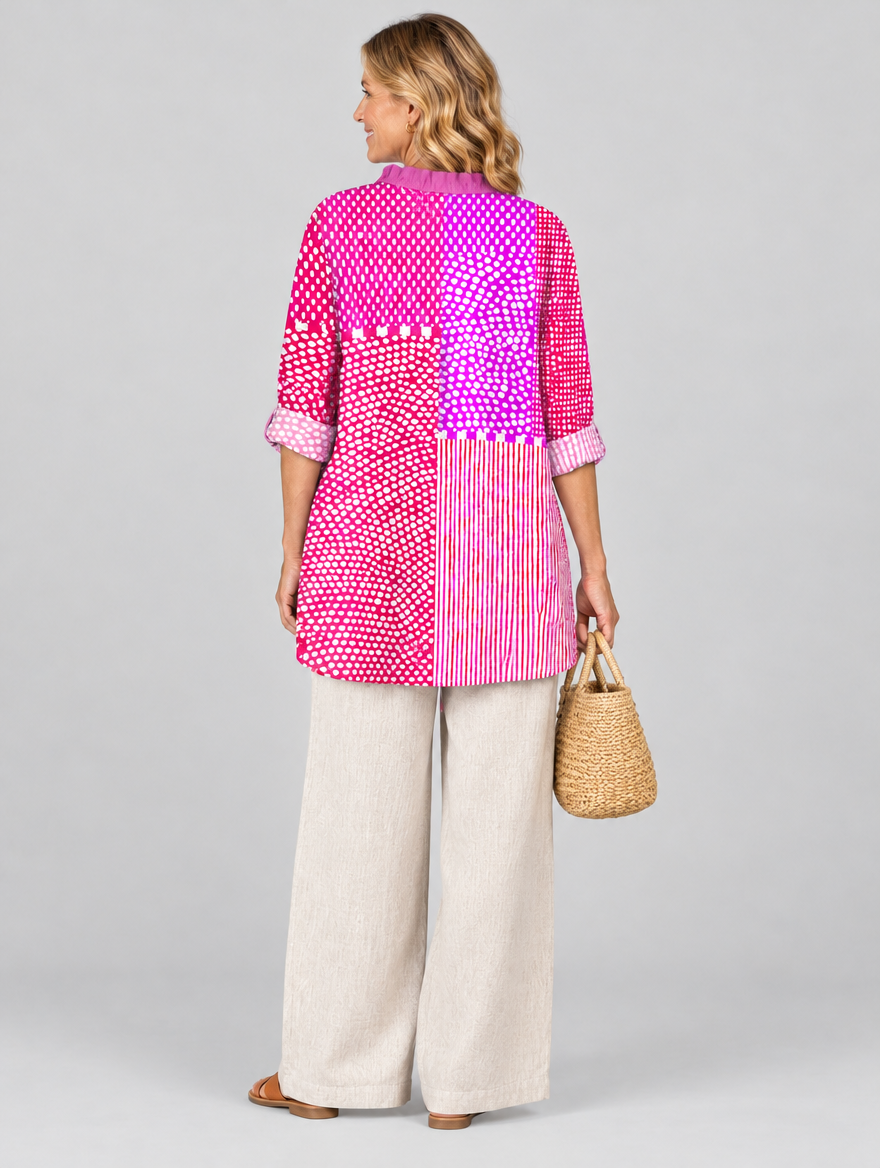 Bunty relaxed summer tunic in pink patchwork print, back view