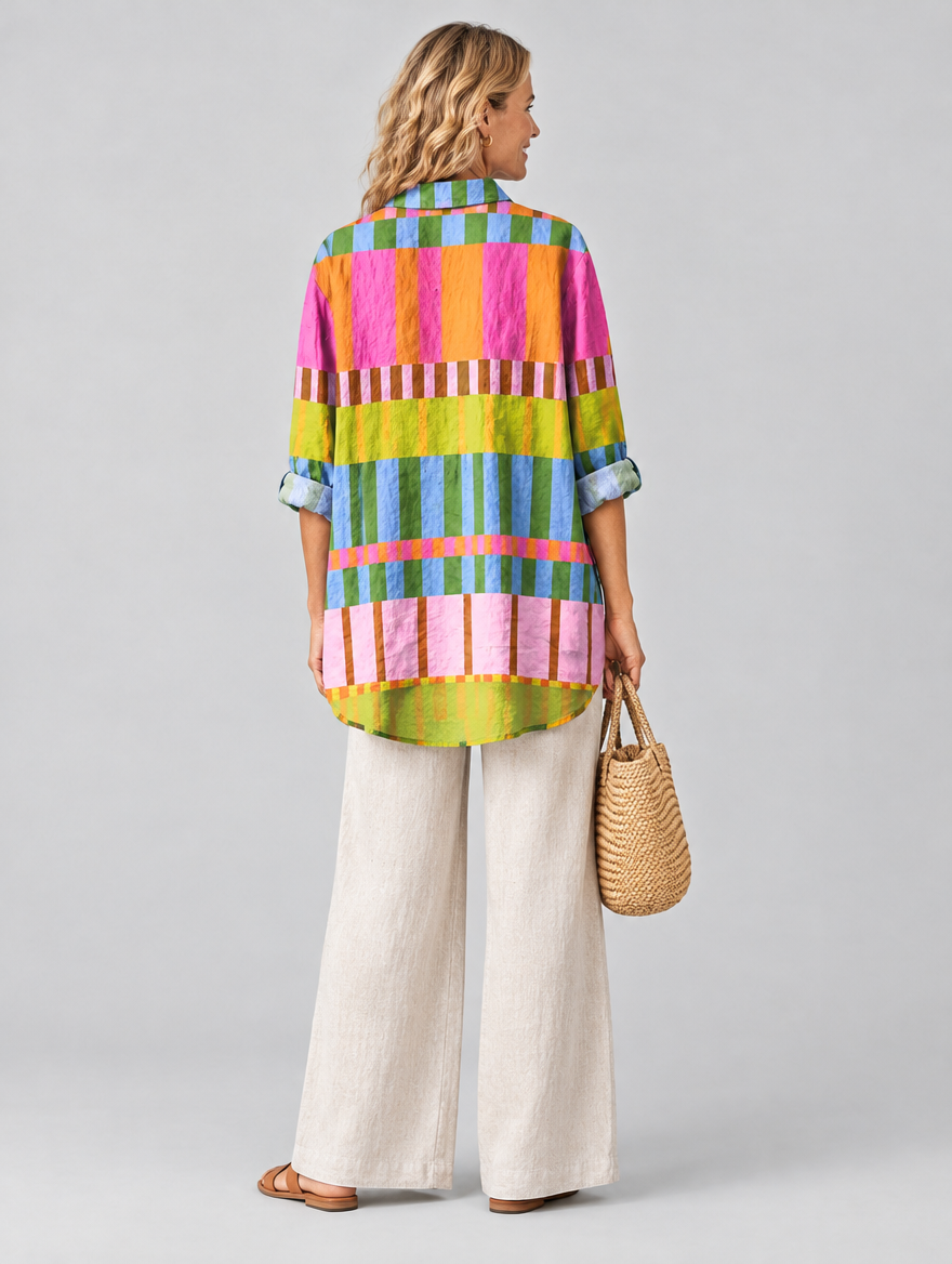 Lolly relaxed summer tunic in orange block stripe print, back view
