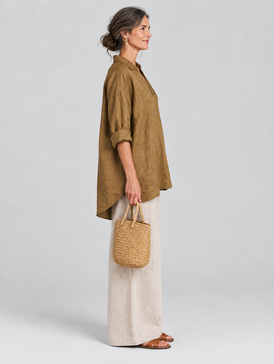 Tawny relaxed linen tunic in khaki, side view showing the relaxed fit