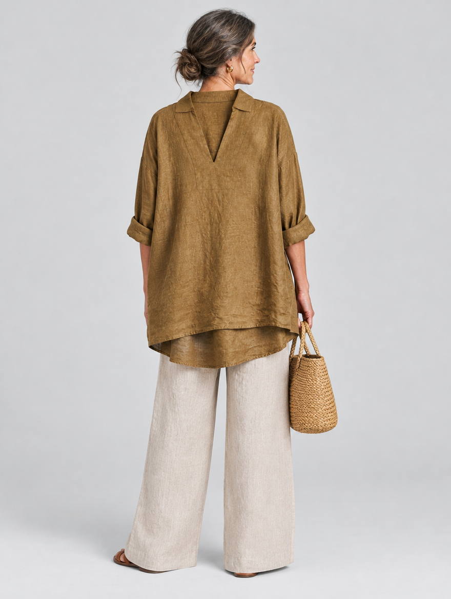 Tawny relaxed linen tunic in khaki, back view